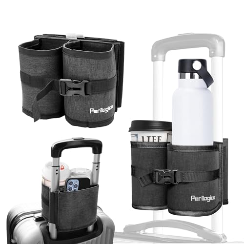 Perilogics Luggage Travel Cup Holder Hands Free Drink Caddy for Suitcase Handle. Perfect Airplane Travel Essential Accessory Gift for Frequent Traveler, Flight Attendant or with Children (Dark Gray)