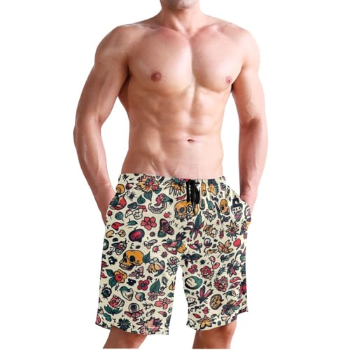 Quick Dry Retro Tattoo Men's Swimming Shorts Swim Trunks with Mesh Lining Beach Wear - S3
