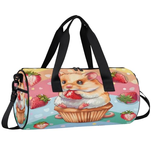 Squirrel Cake Strawberries Travel Gym Bag Waterproof Sport Dance Bag for Women Men Portable Gymnastics Duffel Bags Canvas Tote Carry on Handbag for Workout Overnight Weekender