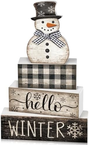 4 Pcs Snowman Christmas Decor Winter Table Decorations Christmas Tiered Tray Decor Winter Centerpiece Decorations Indoor Rustic Wooden Snowman Block Sign Gift Farmhouse for Home Kitchen Shelf