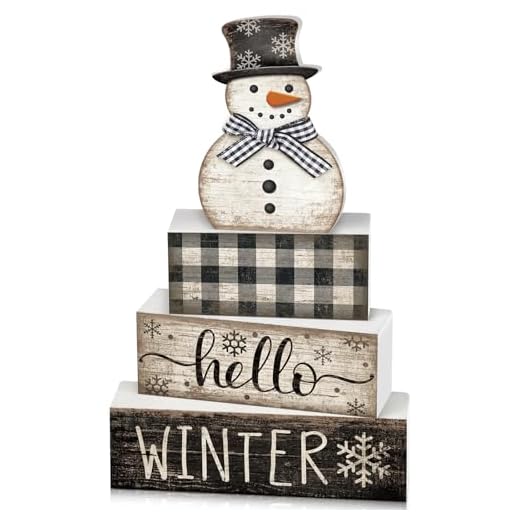 Moucuny 4 Pcs Snowman Christmas Decor Winter Table Decorations Christmas Tiered Tray Decor Winter Centerpiece Decorations Indoor Rustic Wooden Snowman Block Sign Gift Farmhouse for Home Kitchen Shelf