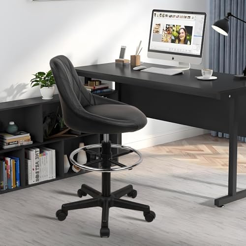 Image of KLASIKA Drafting Chair with Backrest and Wheels, Set of 4 Adjustable Footrest Height Rolling Stool, PU Leather Tall Swivel Chairs Work Shop Office Desk Stools for Home Work Shop Kitchen Bar