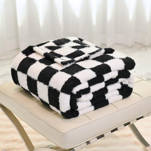 DREAMLANDING Checkerboard Checkered Blanket Grid Chessboard Gingham Throw Blanket Fuzzy Fluffy Cozy Thick Warm Soft Microfiber Plaid Blanket for Home Decor Bed Sofa Couch (Black Plaid, 127 * 152cm)