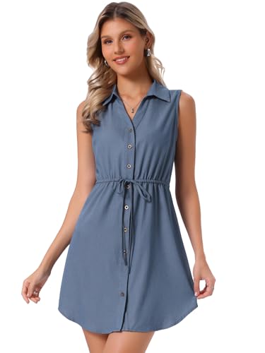 Image of Allegra K Women's Chambray Dress Sleeveless Button Down Jean Denim Shirt Dresses