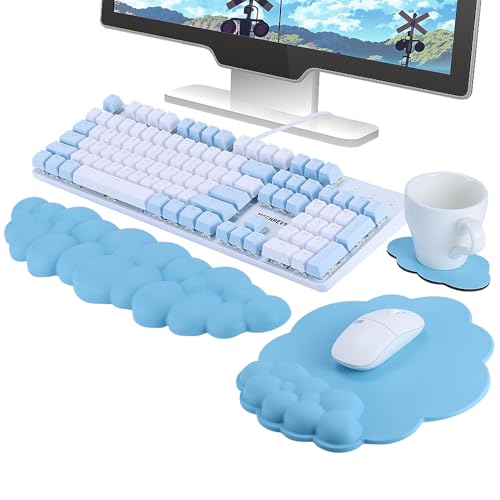 zerotop 3 in 1 Keyboard Wrist Rest Mouse Pad, Cloud Wrist Rest Set with Keyboard Wrist Rest, Mouse Mat Wrist Support & Cup Pad, Memory Foam Anti-Slip Ergonomic Mouse Pad for Home Office Games (Blue)