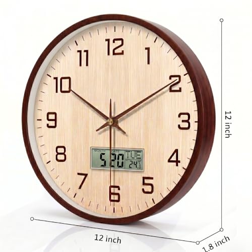 Image of STAR WORK Silent Non-Ticking Wall Clock 12 inch Inch Analog Clock & LCD Display | Calendar Date, Day, Temperature, Operated Decorative Clock for Living Room, Kitchen, Bedroom,Office (Cream Brown Digital)