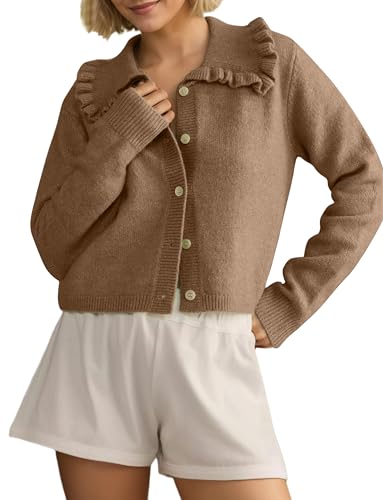 Women's Long Sleeve Cropped Sweaters Cardigan Button Down Ruffle Collar Lapel Knitted Blouse Fall Winter Outwear