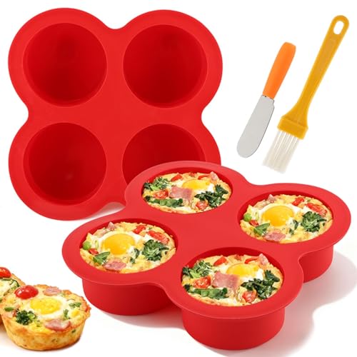 Yuanfenron 2 Pack Silicone Egg Bite Molds with 1 Spatula & 1 Brush, 4 Cups Silicone Air Fryer Baking Pan Non-Stick for Egg Bites, Cupcake, Tart, Frittata, Quiche, Muffins, Cornbread