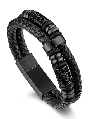 Bandmax Black Leather Viking Nordic Bracelet for Men 8.26 Inch Celtic Knot Beaded Wristband Bracelets Norse Style Mens Wrist Jewelry Gift for Son Husband Father Christmas Birthday Fathers Day