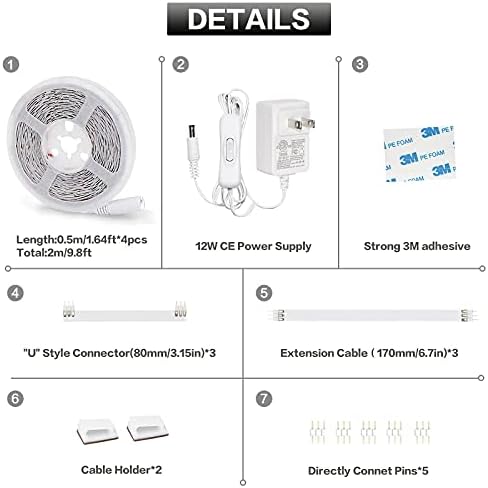 wobsion Under Counter Lights, Led Under Cabinet Lighting, White Under Kitchen Cupboard Lights,4 Pcs Plug in Led Strip Lights for Kitchen,Pantry,Desk,Shelf,6000K,6.6 ft/2m
