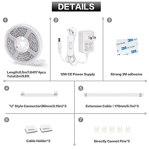 Wobsion White Led Strip Lights, Under Counter Lights For Kitchen, Flexible Under Cabinet Led Light For Kitchen,Shelf,Cupboard,Desk,Mirror,6.6 Feet Diy Rope Light,12V Dc Power,120 Leds,6000K,4 Panel #TOP6