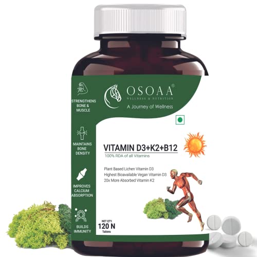 OSOAA 100 RDA Veg Vitamin D3 K2(MK7) B12 for Men & Women 120 Tabs