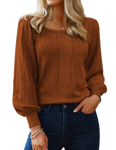 Image of HOTOUCH Sweaters for Women 2026 Fall Trendy Tops Casual Puff Sleeve Square Neck Cute Tunic Pullover Blouses XS-XXL