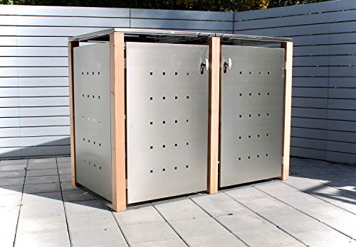 Mülltonnenbox Für 2 Tonnen Bis 240 Liter – Edelstahl Mit Bangkirai-Holzpfosten, Abschließbar, Mit Klappdach