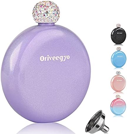 Oriveegyo Flask for Women Stainless Steel Purse Pocket Mini Size Carrying with Rhinestone Cap Funnel for Party Outdoor Activities Gift Ideas 5OZ (Purple), Flask P