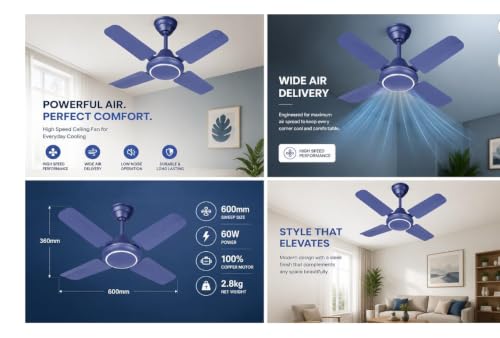 Image of haneul!!Ceiling Fan!!4 Blade!!High Speed!!600MM!!Small Size!!24Inch!!Smoke Blue!!Made in India