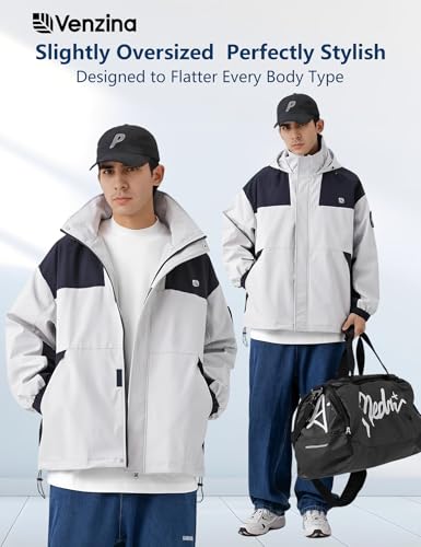 Image of Venzina Men's Waterproof Rain Jacket-Lightweight Windbreaker with Color Block Design, Breathable for Urban Outdoor, Daily Commuting I Fashion Unisex Couple Jacket