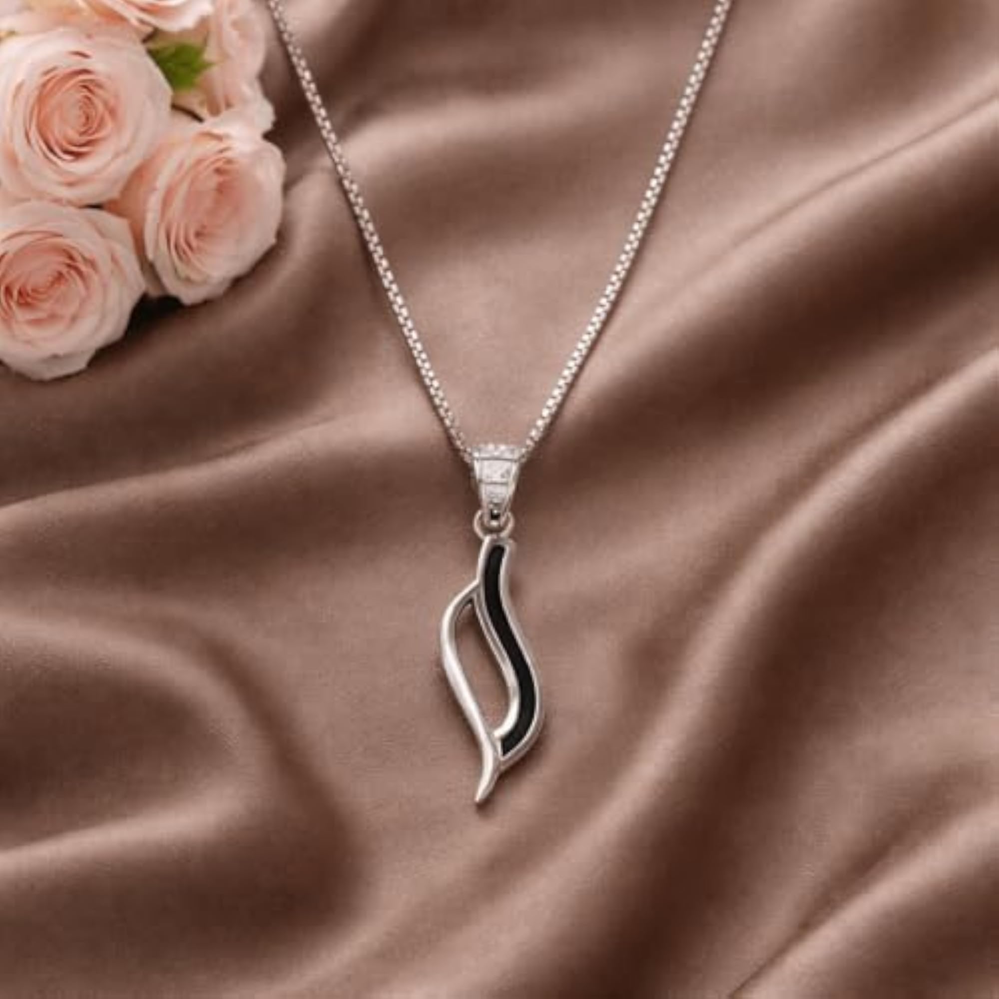 Sleek Black Wave 925 Silver Pendant with Box Chain