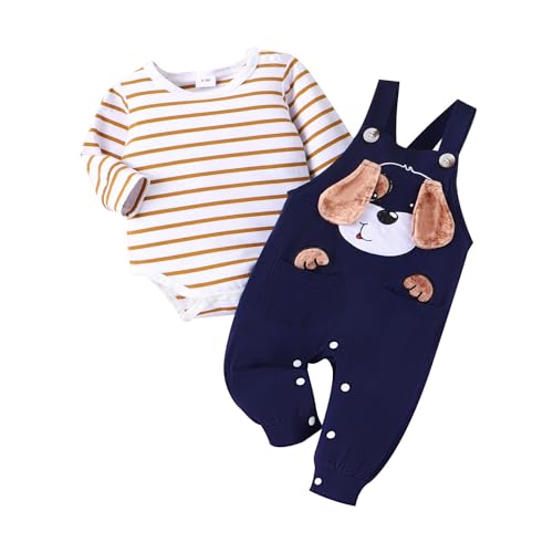 Image of TOKIAGO Baby Boy Clothes Newborn Outfits Fall Winter Striped Romper Infant Cartoon Overall Adjustable Suspender Pants Set