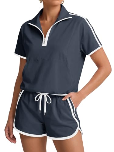 Fisoew Womens 2 Piece Outfits Zip V Neck Short Sleeve Pullover Tops Casual Shorts Tennis Running Tracksuits Short Sets