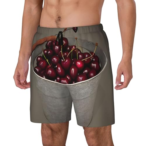 Bucket with Full of Cherries Men's Soft Double Swim Shorts, Lounge Swiming Shorts Pants Breathable Summer2