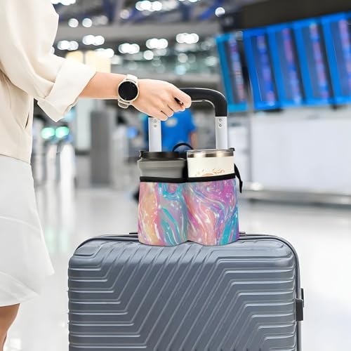 Image of Luggage Cup Holder for Suitcases Free Hands Suitcase Cup Holder Travel Luggage Drink Holder Portable Luggage Cup Caddy Bag Carrier with Handle Pink Liquid Gradient