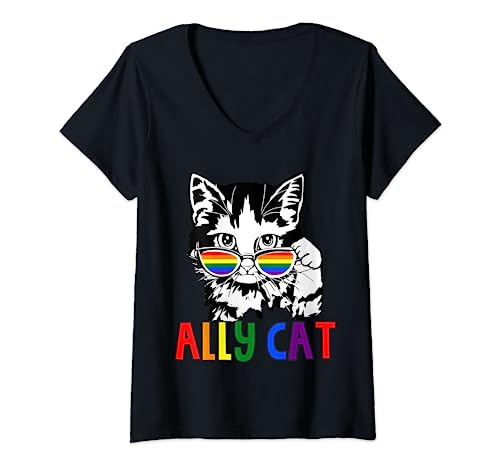 Womens Ally Cat LGBT Flag Gay Pride Ally Rainbow Mens Womens Kids V-Neck T-Shirt
