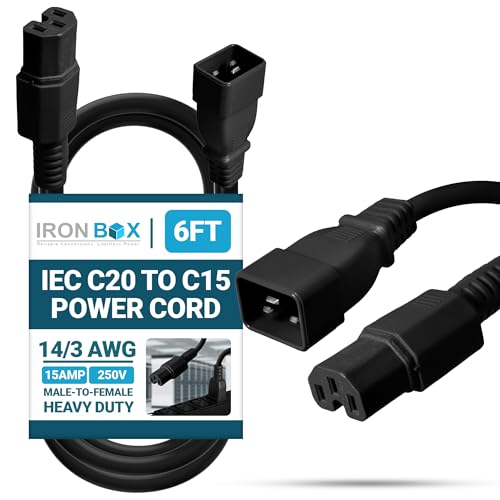 IronBox IEC C20 to C15 Power Cord, 15A 250V 14/3 AWG PDU Cable (6 Feet)