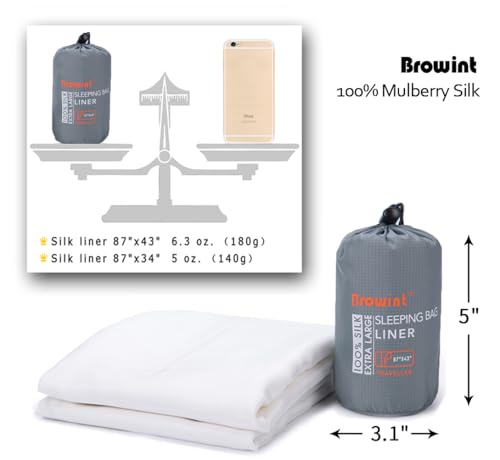 Image of Browint Silk Sleeping Bag Liner, Silk Sleep Sheet, Sack, Extra Wide 87 inchx43 inch, Lightweight Travel and Camping Sheet for Hotel, More Colors for Option, Reinforced Gussets, Pillow Pocket