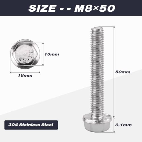 Image of M8-1.25 x 50mm (8 pcs) Flanged Hex Bolts, 304 Stainless Steel 18 /8, Large Washer Head Automotive Screws for Car Parts & Machinery Replacement