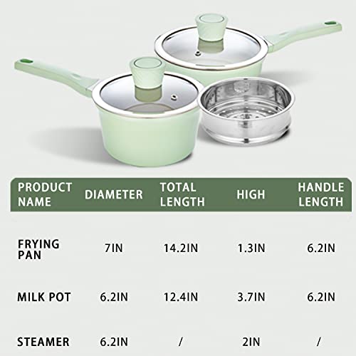 Nonstick Cookware Set, Potinv 1.5 Quart Sauce Pan With Steamer, 7 Inch Frying Pan Skillet, With Glass Lid, Pfoa Free Nonstick Coating, Induction Compatible, Green #TOP7