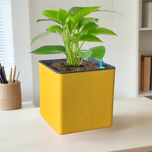 Image of Indian Discovery Self Watering Tabletop Planter| Flower Pots for Home, Terrace, Balcony, Vertical Garden Decor Flower Pots(1 PC, Yellow, Square) |6 Inch UV-Resistant Plastic Plant Pots