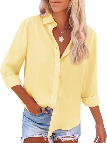 siliteelon Womens Oxford Button Down Shirt Long Sleeve Cotton Dress Shirt Collared Blouse Business Casual Work Tops - Light Yellow S