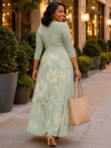 Image of SUZONANA Plus Size Dresses for Women Floral Print Maxi Dress Flowy 3 /4 Sleeve with Belt