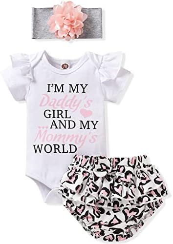 MINIFEIKO Preemie Baby Girls Clothes Daddys Girl Printed Ruffle T-Shirt Romper Bodysuit Leopard Shorts Headband Infant Girl Summer Outfits Set(Leopard,Preemie)