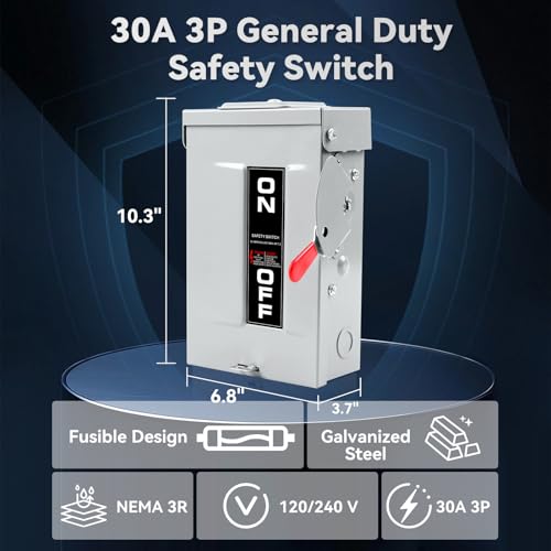 3P 30 Amp Fused Disconnect, 3 Phase Disconnect, 110/240V, Heavy Duty Metal Structure, Reserved Knout-Outs, NEMA 3R Enclosure for Outdoor, Increased Wire Bending Space, 10-Year Warranty by MUJURUR - Image 2