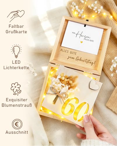 Geldgeschenke Geburtstag 60 us Holz, 60 Geldgeschenk Verpackung Geschenkbox mit LED Lichterkette, Lustig Geschenk zum 60 Geburtstag Frau Mann, Geburtstagsgeschenk für Mutter, Vater, Lebenspartner