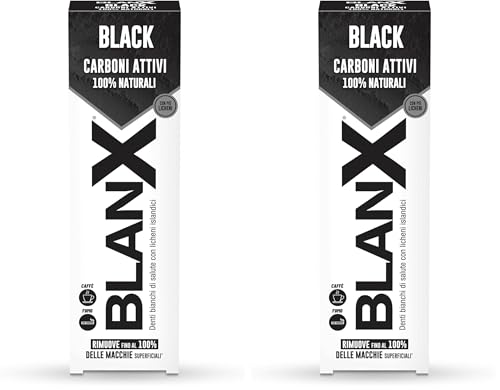 Blanx Dentifricio Black 75ml, Dentifricio Sbiancante con Licheni Islandici e Carboni Attivi 100% Naturali, Rimuove Macchie da Caffè, Fumo e Tè, Vegan Friendly (Confezione da 2)