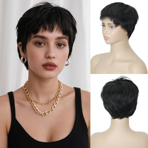 Image of QUEENTAS Short Black Wigs for Women Pixie Layered Wig Glueless Natural Looking Synthetic Wigs for Daily and Cosplay(Black)