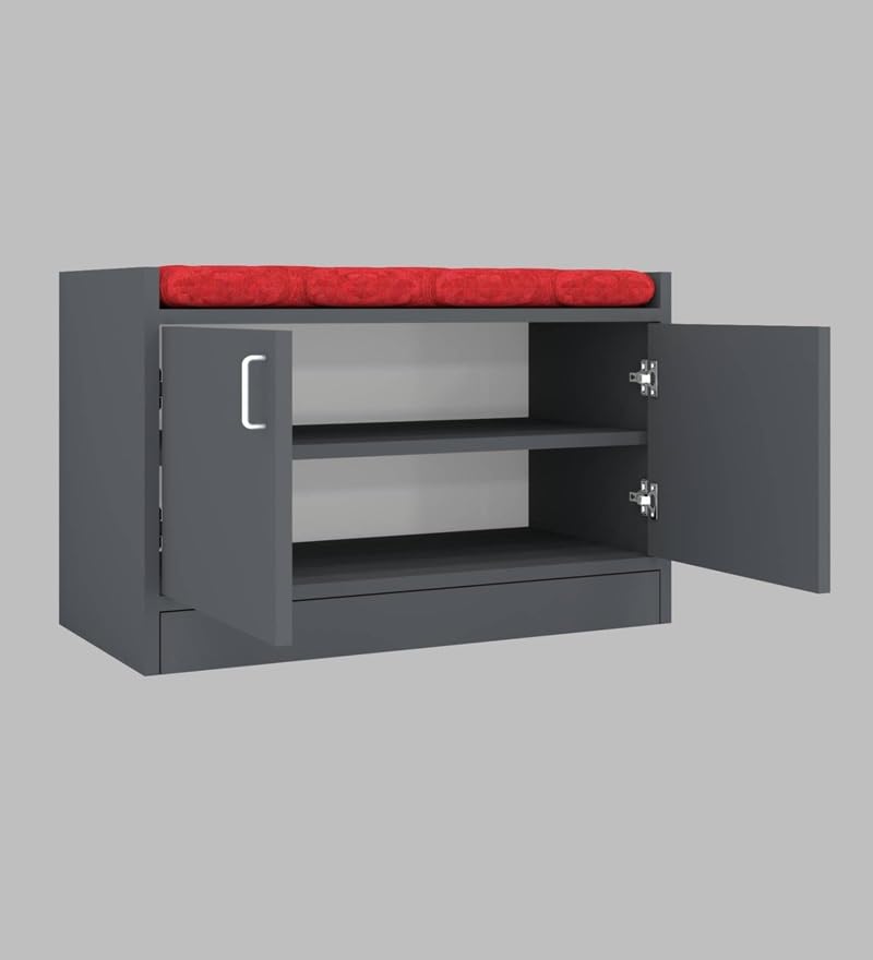 Image of SPECIALITY PANELS 2 Door Shoe Rack with Cushion, Grey with Red Cushion, 75 cm x 49 cm, DIY Assembly, Storage Bench with Seating