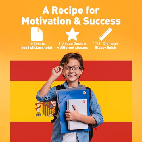 S&O Spanish Stickers for Teachers and Parents! 1008 Pegatinas de Recompensa para Ninos. 9 Assorted Designs, 1 Inch School Stickers, Reward Labels and Spanish Classroom Supplies