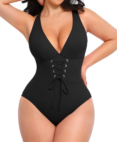 SHAPELLX Women's One Piece Slimming Swimsuits for Women V Neck Swimwear with Push Up and Tummy Control Black XL