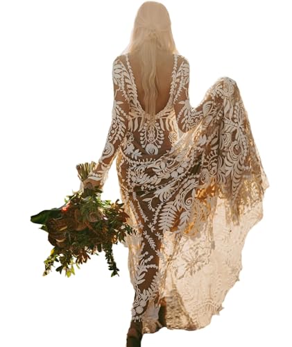 Lorencia Long Lace V Neck Wedding Dress with Sleeves for