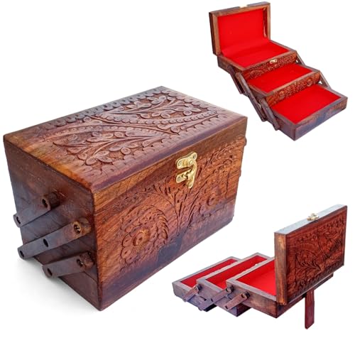 SHOPUKASA Joyero de madera hecho a mano, estilo tradicional, con tapa, elegante caja de regalo de madera para mujeres y hombres