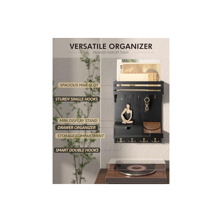 Rebee Vision Modern Key Holder Wall Mount with Mini Drawer Organizer - Decorative Mail Organizer with 9 Key Hooks and Floating Shelf - Stylish Home Decor for Apartment Essentials (Black) - Image 5