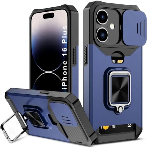 Image of LuxuryKase Shockproof Armor Case for iPhone 16 Plus | Slide Camera Cover | Hidden Card Slot | Rotating Ring Kickstand | Magnetic Car Mount Support | Military Grade Protection - Blue