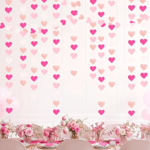 Image of Hot-Pink Rose-Gold Party Decorations Love Heart Garland - 39Ft Girls Birthday Hanging Paper Streamers Banner Wedding Baby Bridal Shower Graduation Bachelorette Engagement Mothers Day Decor