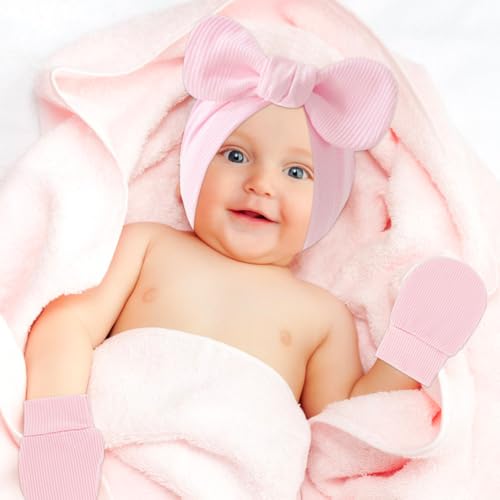 9 Pieces Newborn Baby Hat No Scratch Mittens and Socks Set Cotton Infant Hair Bow Turban Beanie Cap3