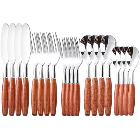 Zerophilo Silverware Set Wooden Handle Flatware Set 20 Piece Forks And Spoons,18/10 Stainless Steel Cutlery Set Wooden Dinner Knife,Dinner Fork,Salad Fork,Dinner Spoon,Dessert Spoon Set Of 4. Cover