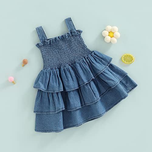 Infant Baby Girls Denim Straps Dress Sleeveless Ruched Layered Skirt Cake Smash Dress2